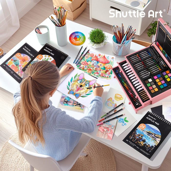 Deluxe Gift Art Kit, 202-Piece Wooden Art Supplies Set with 4 Drawing Pads