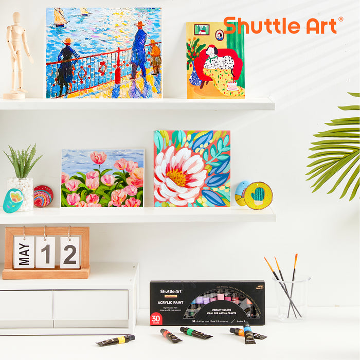 Acrylic Paint, 12ml Tubes with 3 FREE Paint Brushes - Set of 30