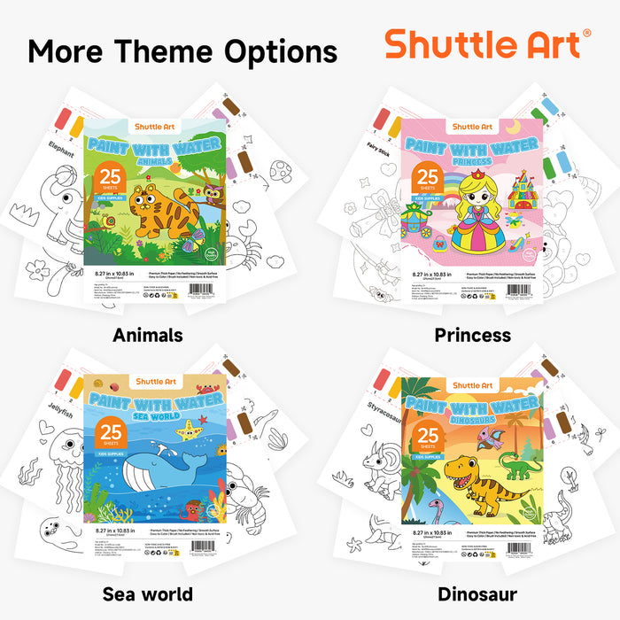 Paint with Water Coloring Book for Kids-25 Animals Themed Pages with 2 Brushes