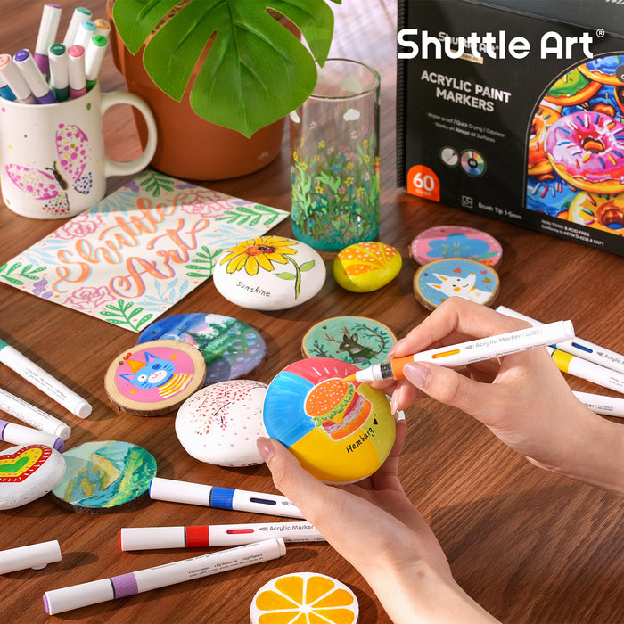 Automatic Ink Control Acrylic Paint Markers- Set of 60 Colors, Brush Tip