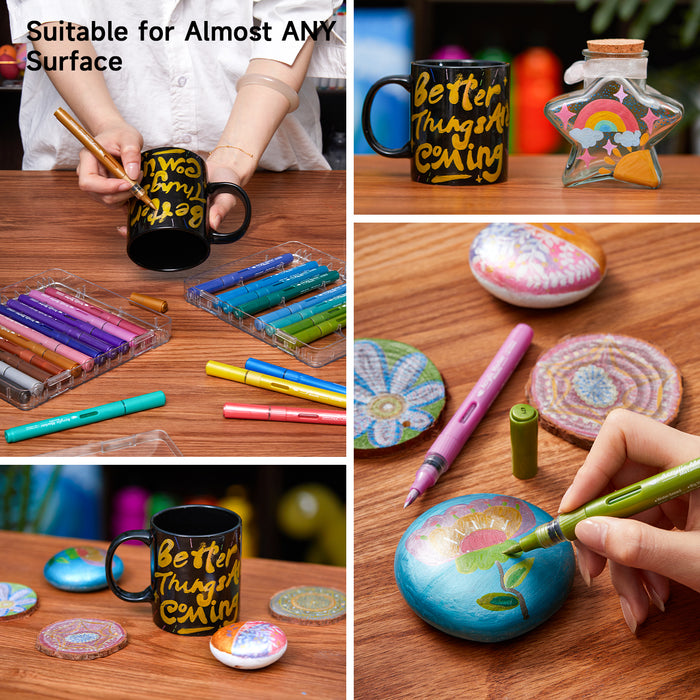 Automatic Ink Control Acrylic Paint Markers- Set of  24 Metallic Colors, Brush Tip