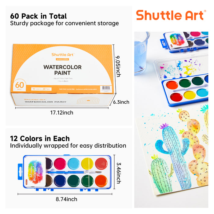 Watercolor Paints, 12 Colors - Set of 60