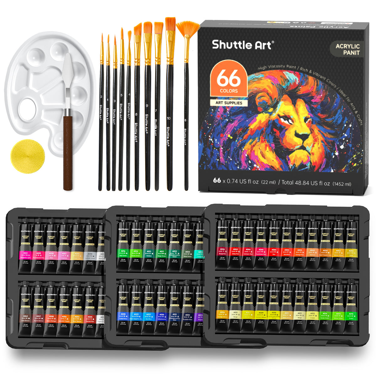 Acrylic Paint, 66 Colors Acrylic Paint with 10 Brushes, 22ml