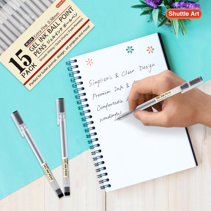 Black Gel Ink Ball Point Pens - Set of 15