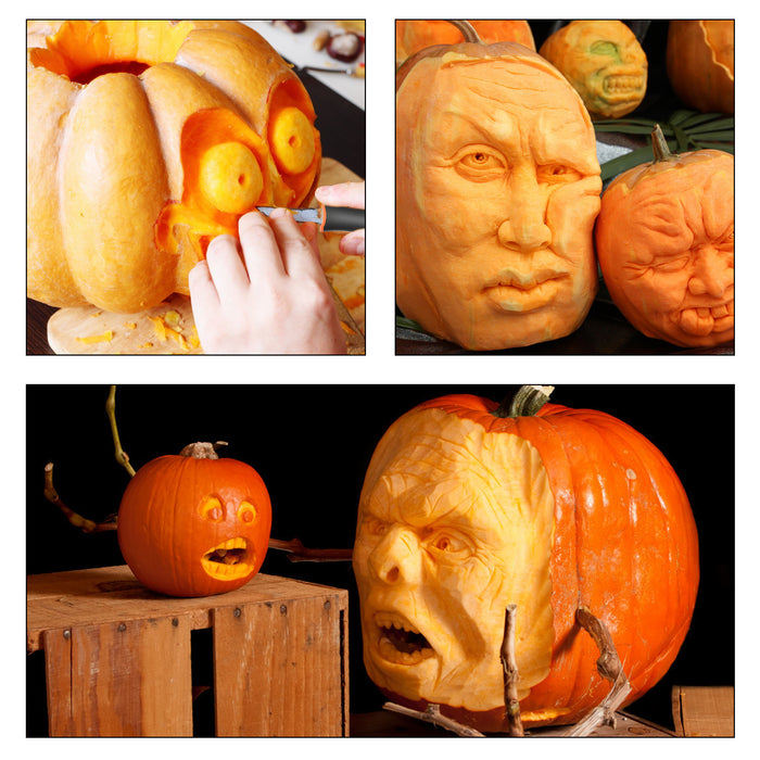 Kit Sculpture Citrouille Halloween – 10 Outils Acier Inoxydable + 20 Modèles – Pour Enfants Et Adultes - 9
