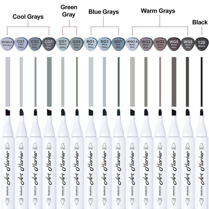 Grey Tones Dual Tip Art Marker - Set of 15